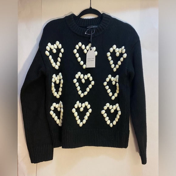 English Factory Woman’s Heart Pom Black Sweater Size Medium NWT - Picture 6 of 15